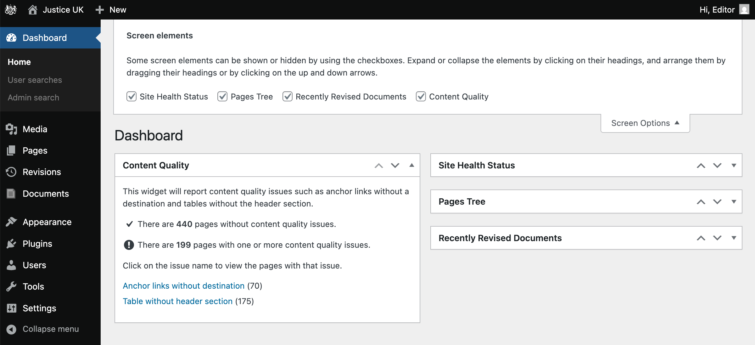 Screenshot of the Dashboard screen with Content Quality widget