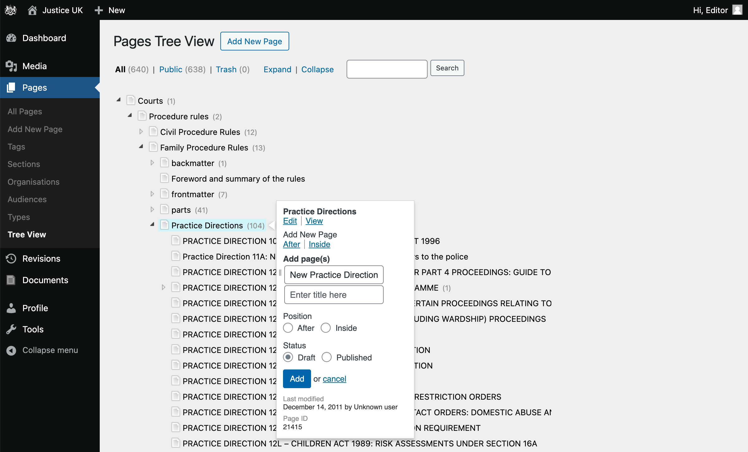 Screenshot of the Page Tree View screen